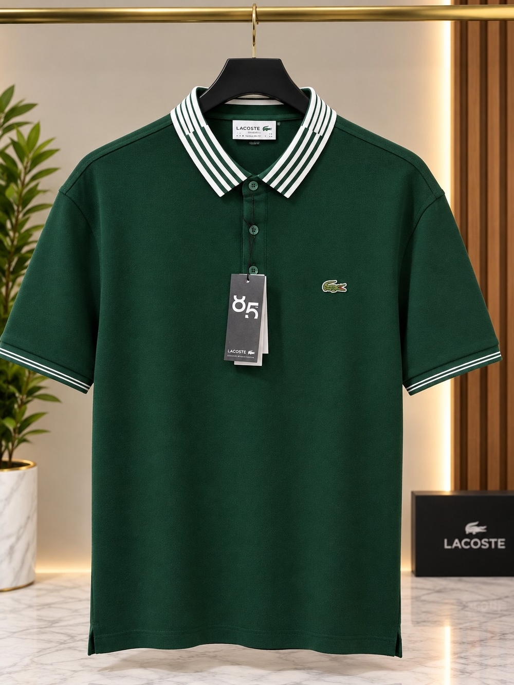 Lacoste Men's Dark Green Polo with White-Trimmed Collar